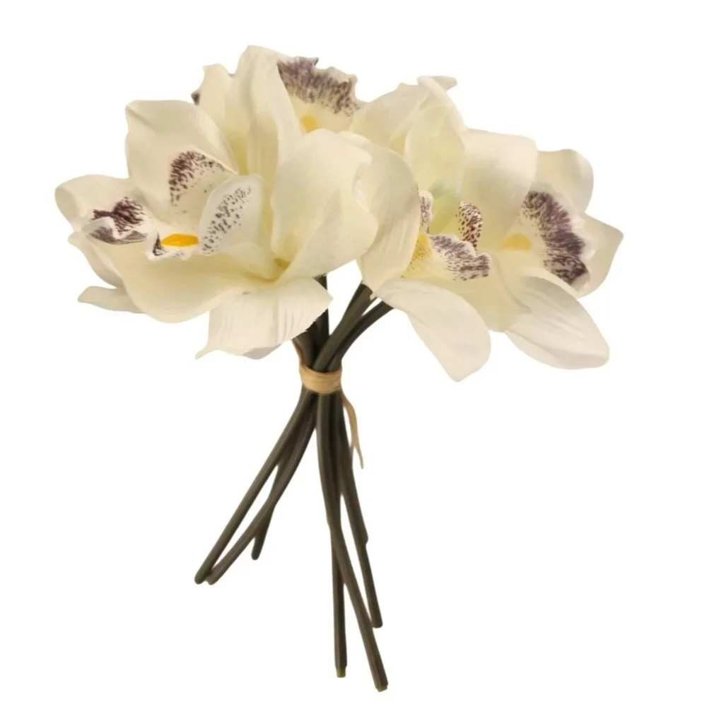 Ivory Cymbidium Orchid Artificial Flowers 7 Stem Bundle, Faux Orchid Wedding Flo